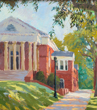 Pintura de Edward Thomas de Fayerweather Hall en la Universidad de Virginia. El edificio cuenta con arquitectura jeffersoniana.
