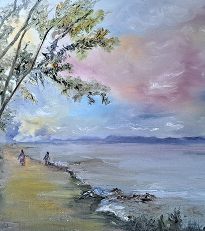 Una pintura escénica de un sendero costero, con dos figuras caminando bajo un gran árbol contra un cielo colorido.
