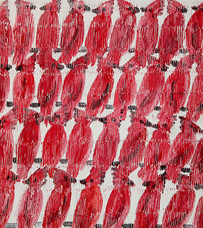 Una pintura de cardenales sobre un fondo blanco.