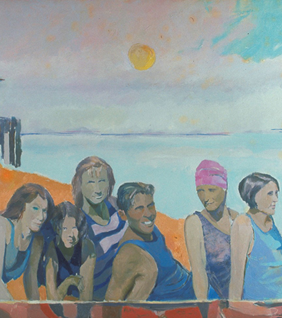 Una pintura de personas en la playa