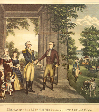 Una litografía del último adiós de George Washington y el general marqués de Lafayette.