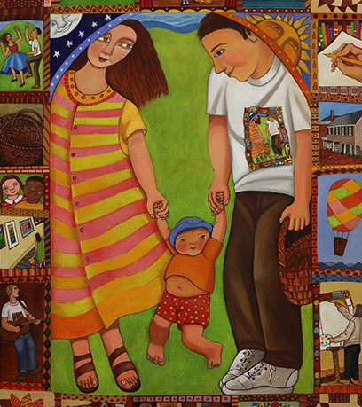 Una pintura de una mamá y un papá jugando con su hijo afuera.