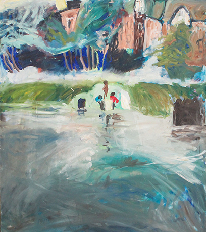 Una pintura de tres niños jugando en el agua.