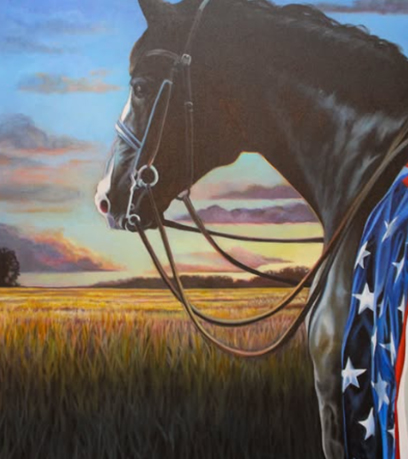 pintura de un caballo envuelto en una bandera de Estados Unidos